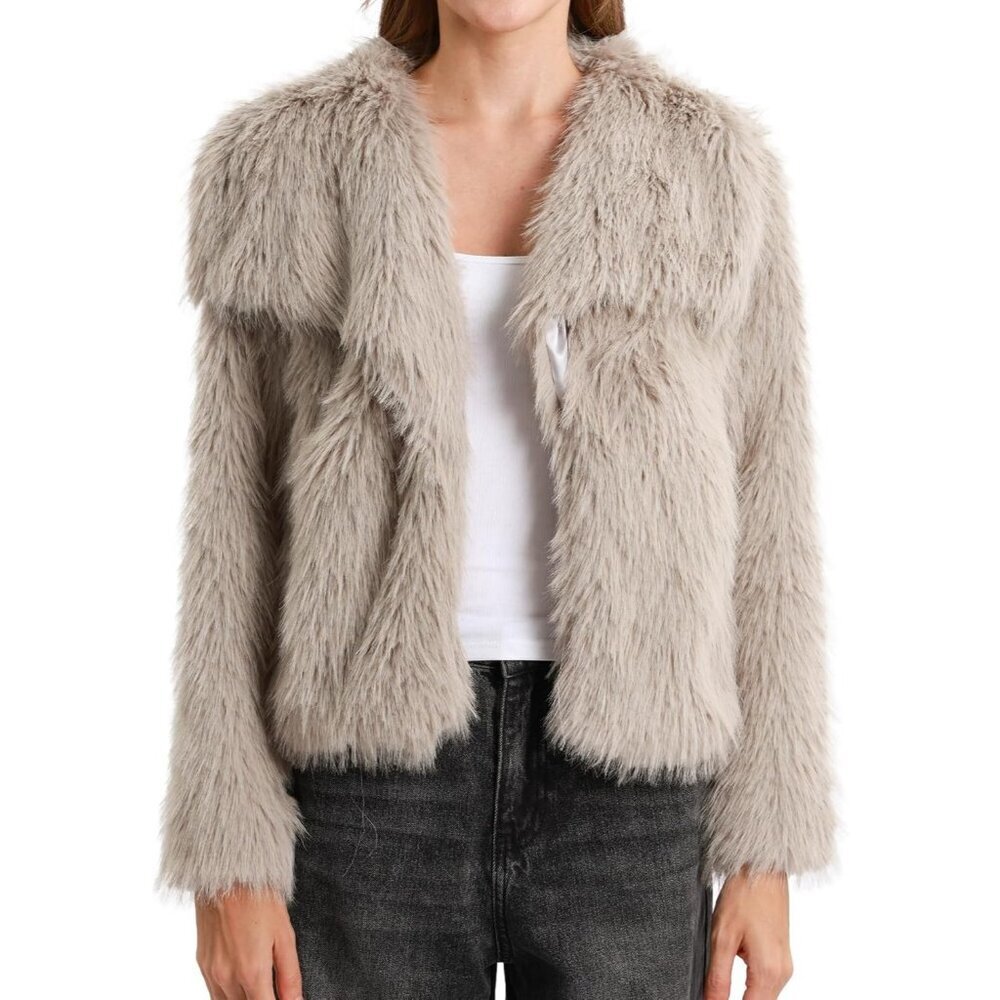 Women's Grey Faux Fur Collar Open Front Long Sleeve Winter Fleece Coat